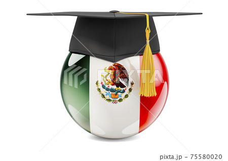 Education in Mexico concept. Mexican flag with graduation cap, 3D rendering 75580020