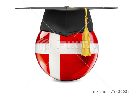 Education in Denmark concept. Danish flag with graduation cap, 3D rendering 75580085
