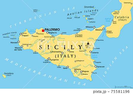 Sicily, autonomous region of Italy, political map, with capital Palermo, Aeolian and Aegadian Islands, volcano Etna, and important cities. Largest island in the Mediterranean Sea. Illustration. Vector Sicily, autonomous region of Italy, political map, with capital Palermo, Aeolian and Aegadian Islands, volcano Etna, and important cities. Largest island in the Mediterranean Sea. Illustration. Vector 75581196
