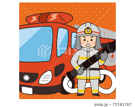 消防士とはしご消防車のイラスト素材