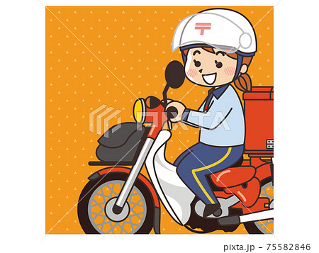 バイクで郵便配達をする女性郵便局員のイラスト素材