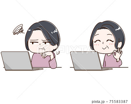 PCを操作する女性のイラストセット　ため息→オッケー 75583387