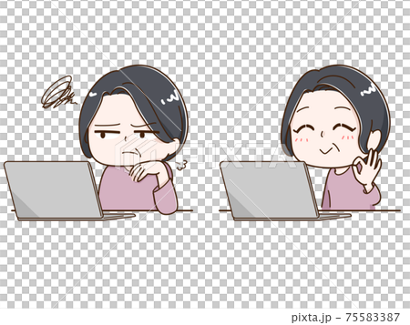 PCを操作する女性のイラストセット　ため息→オッケー 75583387