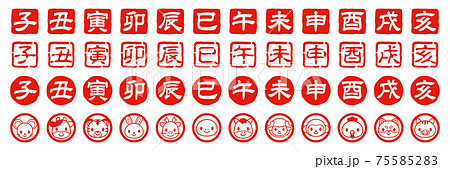 十二支の漢字と顔の判子風アイコンセット 75585283