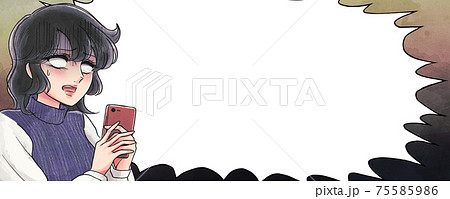 少女漫画タッチ・スマホを見てショックを受けるお姉さん・ふきだしバナー 75585986