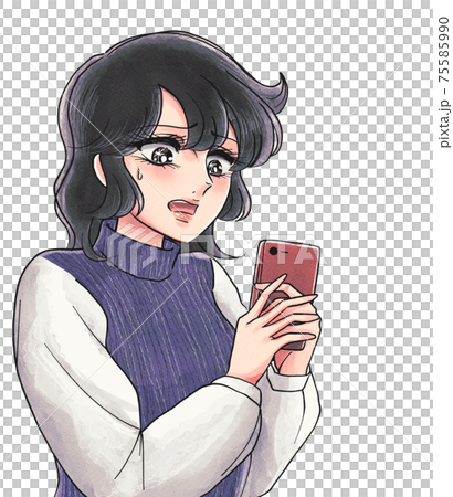 少女漫画タッチ・スマホを持った焦り顔のお姉さん 少女漫画タッチ・スマホを持った焦り顔のお姉さん 75585990