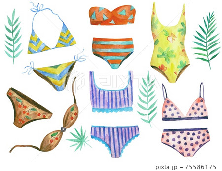 Collection of woman swimwear, swimsuits and bikini. Watercolor hand painted illustration. 75586175