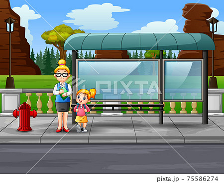 Cartoon a woman teacher and her student at bus... - Stock Illustration  [75586274] - PIXTA