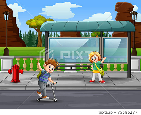 A Girl Meets Friend At The Bus Stopのイラスト素材