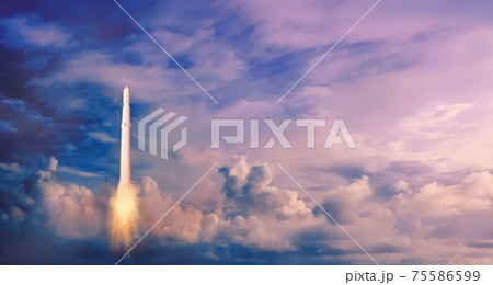 Rocket takes off into the sky. Concept of start Rocket takes off into the sky. Concept of start 75586599