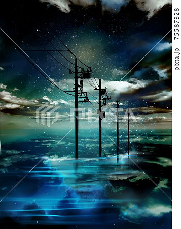 青く輝く夜空が反射した海と地平線へ消える電信柱と輝く星々の幻想的な風景画 75587328