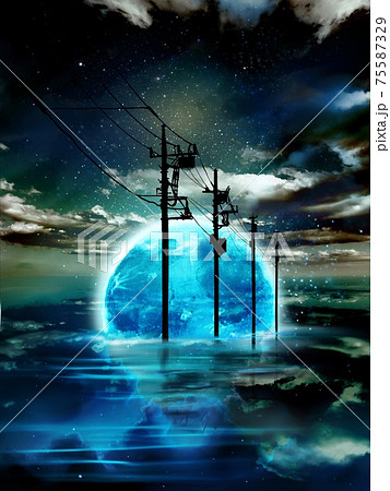 青く輝く夜空が反射した海と地平線へ消える電信柱と輝く星々の幻想的な風景画のイラスト素材