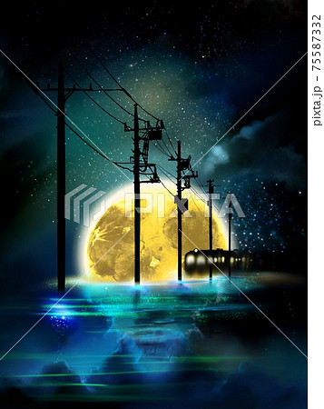 青く輝く夜空が反射した海にそびえる電信柱と過ぎ去る列車の幻想的な風景画のイラスト素材
