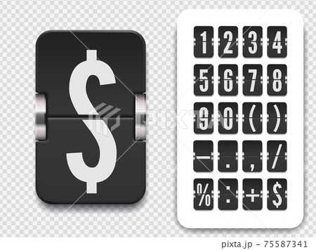 Flip number and symbol scoreboard on transparent background. Vector illustration template. Analog countdown number font. 75587341