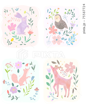 かわいい春の北欧風草花と動物の白バックイラスト素材のイラスト素材