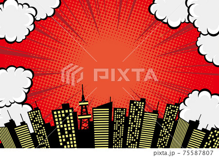 コミックアート風の雲と空と都市の背景素材 コミックアート風の雲と空と都市の背景素材 75587807