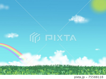 野原から見る虹のイラストのイラスト素材