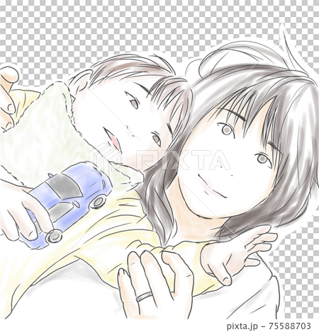 寝転がって上を見上げる親子のイラストのイラスト素材