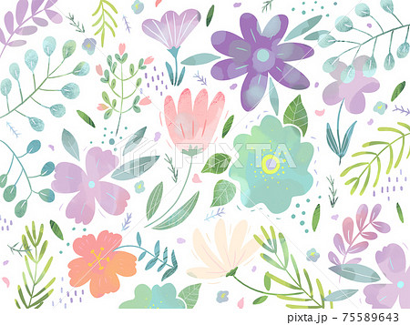 ポップで優しい色使いのオシャレな植物やお花の壁紙イラストのイラスト素材