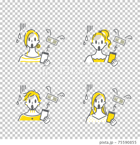 一個簡單，時尚的線條藝術插圖，專為因智能手機價格過高而感到震驚的婦女 75590855