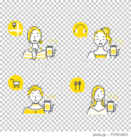 A simple and fashionable line art illustration set for women who make convenient use of their smartphones 75591863