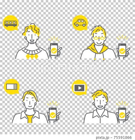 スマホを便利に活用する男性のシンプルでおしゃれな線画イラストセット 75591866