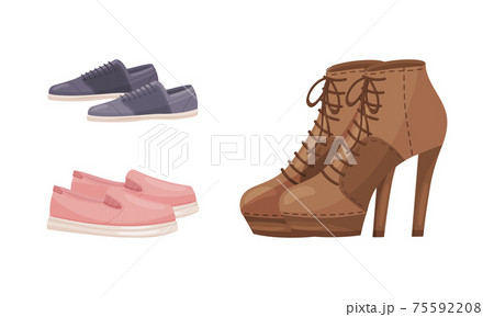 Footwear with Woman High Heeled Ankle Boots and Sneakers with Shoe Laces Vector Set 75592208