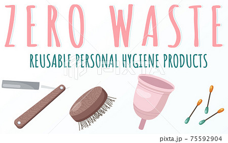 Zero waste icons set reusable personal hygiene products razor, comb, cotton swabs, menstrual cup 75592904