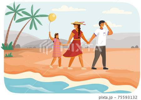Parents and child walk by handle on sand near sea. Family is spending time together on beach 75593132