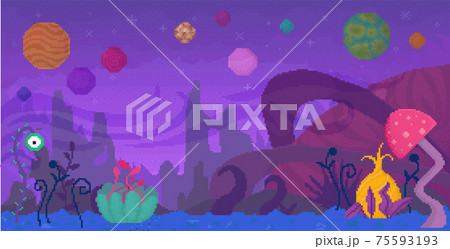Space flowers with large petals, leaves and eyes. Orange pixelated alien street with unknown plants Space flowers with large petals, leaves and eyes. Orange pixelated alien street with unknown plants 75593193