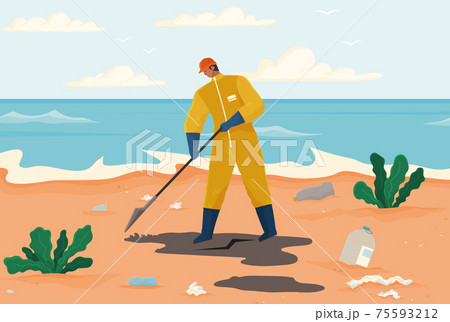 Man with shovel cleans beach polluted with plastic and paper waste. Character collects dirty sand Man with shovel cleans beach polluted with plastic and paper waste. Character collects dirty sand 75593212