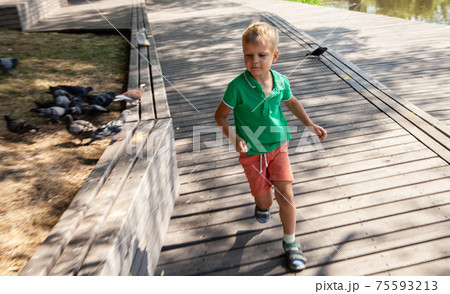 Little boy running on wooden path in summer day Little boy running on wooden path in summer day 75593213