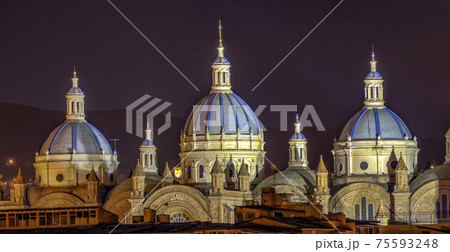 Domes of New Cathedral in Cuenca, Ecuador at night 75593248