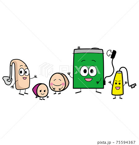 様々な種類の補聴器キャラクターの笑顔のイラスト 75594367
