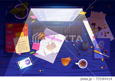 Messy night workplace top view, clutter desk. Messy night workplace top view, clutter desk. 75594414