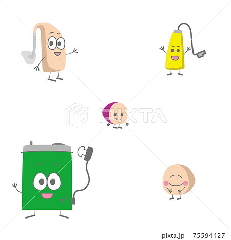 様々な種類の補聴器キャラクターの笑顔のイラスト 様々な種類の補聴器キャラクターの笑顔のイラスト 75594427