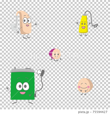 様々な種類の補聴器キャラクターの笑顔のイラスト 様々な種類の補聴器キャラクターの笑顔のイラスト 75594427