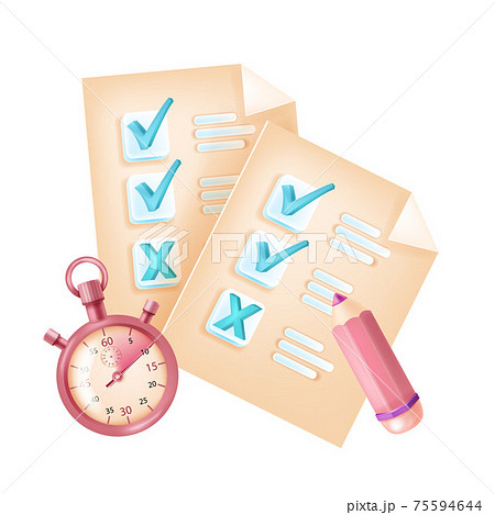 Online exam, vector internet test form, checkbox, mark, question list, timer, pencil Online exam, vector internet test form, checkbox, mark, question list, timer, pencil 75594644