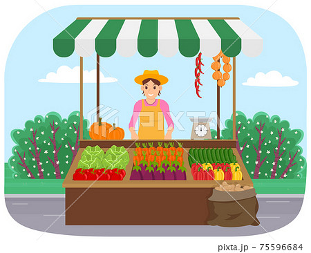 Outdoor farm products store. Woman sells natural vegetables grown in garden. Selling food in bazaar 75596684