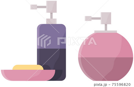 Pump bottles and piece of soap. Cosmetic products set. Liquid cream soap in plastic container Pump bottles and piece of soap. Cosmetic products set. Liquid cream soap in plastic container 75596820