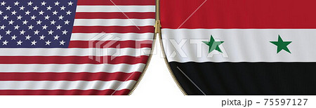 United States and Syria political cooperation or conflict, flags and closing or opening zipper, conceptual 3D rendering 75597127