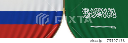 Flags of Russia and Saudi Arabia and closing or opening zipper between them. Political negotiations or interaction conceptual 3D rendering Flags of Russia and Saudi Arabia and closing or opening zipper between them. Political negotiations or interaction conceptual 3D rendering 75597138