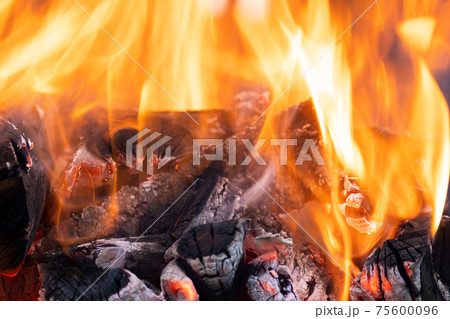 Close up of brightly burning wooden logs with yellow hot flames of fire at night. 75600096