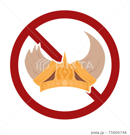 Cartoon horned viking helmet in prohibition sign. Stop the war. Ban on military action. Sticker for a security company. Warriors ammunition in a forbidden sign. 75600746