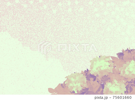 遠景に続く花の波の抽象背景とあじさいの花のフレーム バナーイラスト レトロな浅緑 紫の色調 のイラスト素材