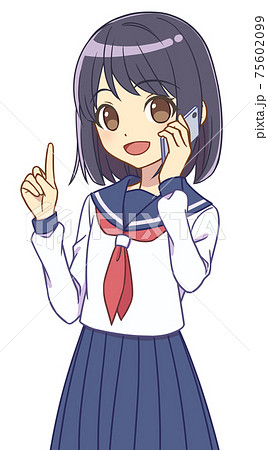スマホで話すセーラー服の女の子 指差しのイラスト素材