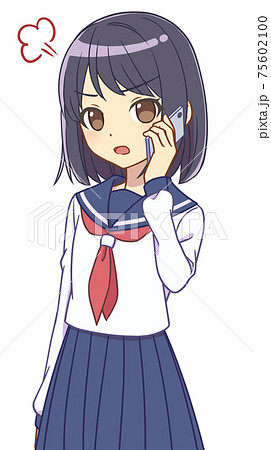 スマホで話すセーラー服の女の子 怒るのイラスト素材