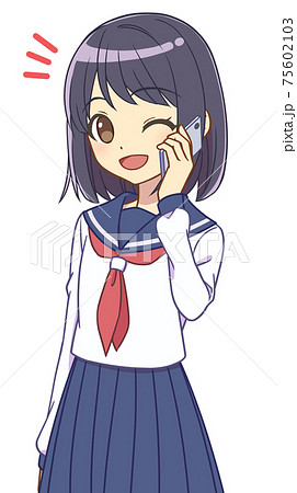 スマホで話すセーラー服の女の子 ウインクのイラスト素材