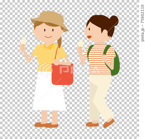 食べ歩きをする女子の2人旅行 夏 のイラスト素材