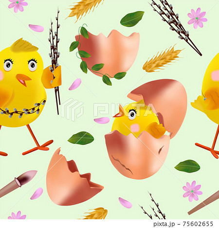 Seamless Pattern With Easter Chicken Flowers のイラスト素材